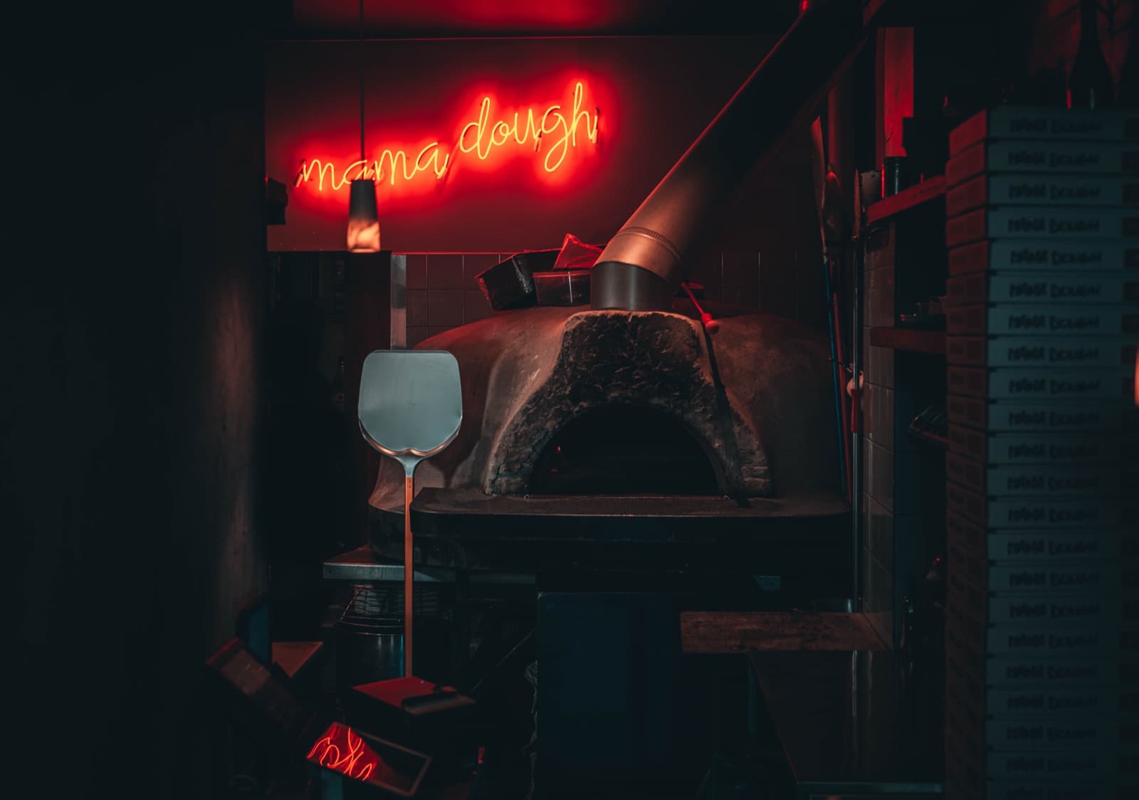The Forno Bravo oven at Mama Dough, fire going